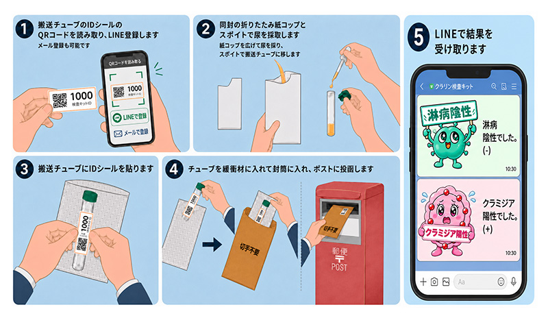 採取から結果受け取りまでの5ステップ：1.IDシールのQRを読み取りLINE／メールで登録 2.同封の折りたたみ紙コップとスポイトで尿を採取し搬送チューブへ移す 3.搬送チューブにIDシールを貼る 4.チューブを緩衝材に入れて封筒に入れポストに投函（切手不要） 5.LINEで結果を受け取る